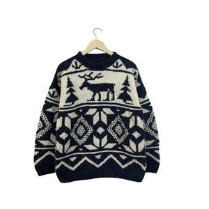 Purple Mountain Large Sweater Wool Cotton Hand Knit Ecuador Unisex Holiday